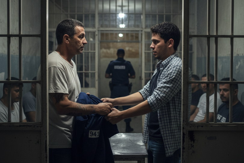 047-suplantacion-de-identidad-de-internos-en-prisiones A tense prison scene with two men exchanging a garment through cell bars. Inmates sit in the background, and a guard stands in the corridor.