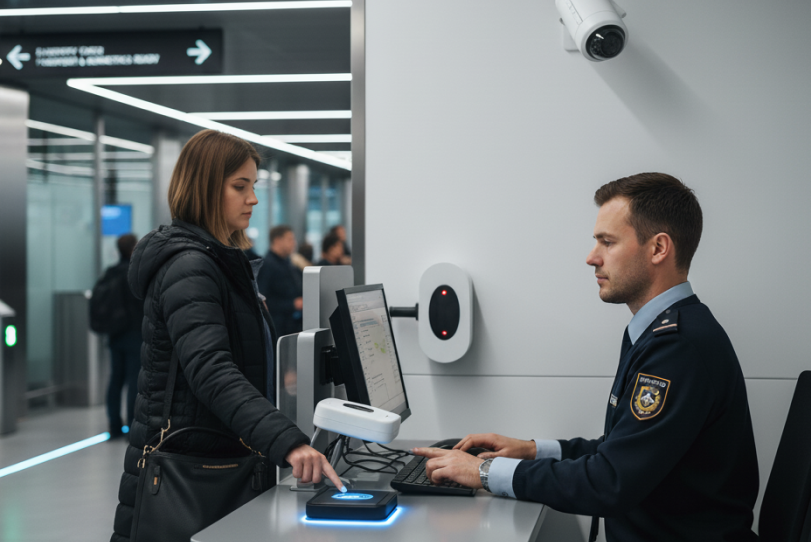 048-pasajero-identificacion-aeropuerto-control-fronteras Un agente de control fronterizo en un aeropuerto verifica a una pasajera que coloca su dedo en un escáner biométrico, con sensores adicionales y una cámara de vigilancia visibles en un puesto de control moderno y tecnológico.