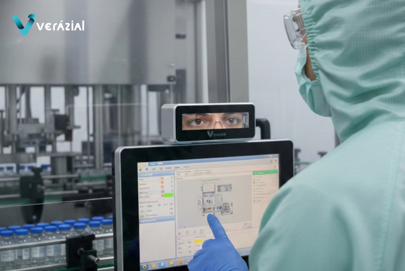 050-identificacion-de-iris-en-salas-blancas Clean room technician looking into an iris sensor